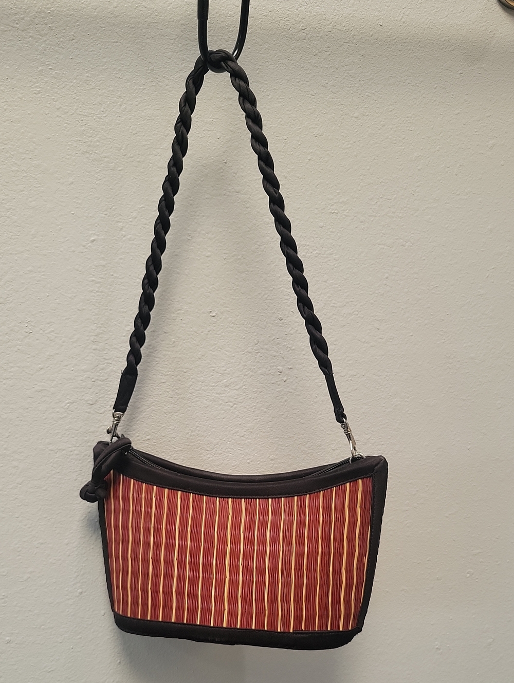 Baskets Of Cambodia Wicker Striped Red and Brown Shoulder Bag with Braided Strap